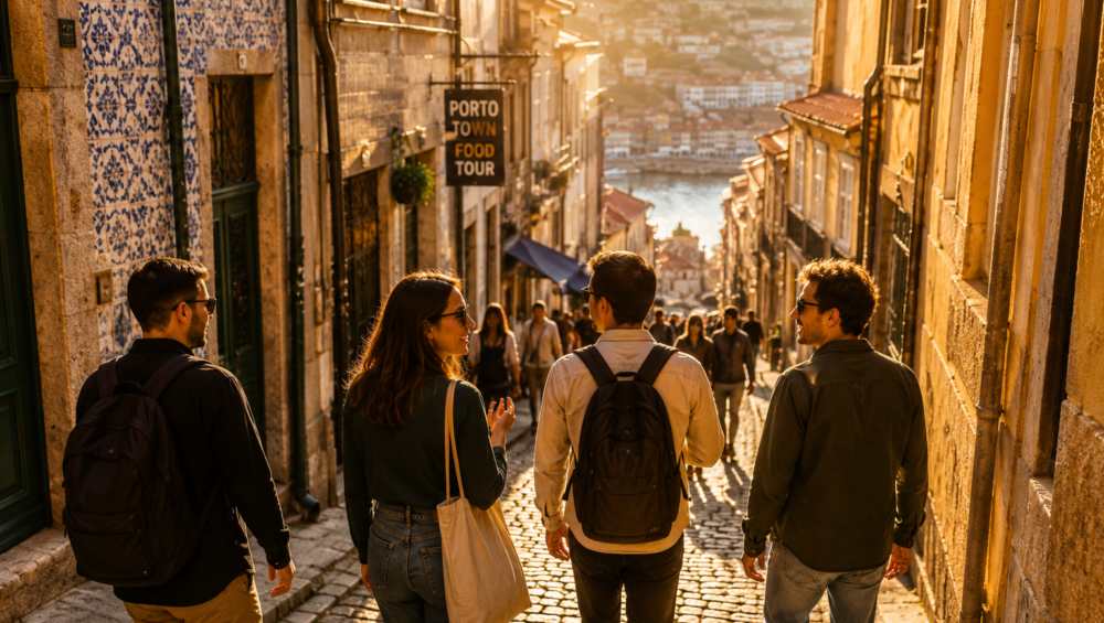 Quatro turistas descem uma rua estreita de calçada, ao pôr do sol, com o rio e a cidade ao fundo