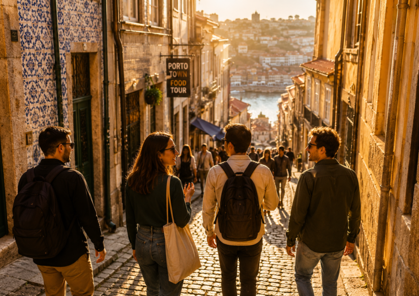 Quatro turistas descem uma rua estreita de calçada, ao pôr do sol, com o rio e a cidade ao fundo