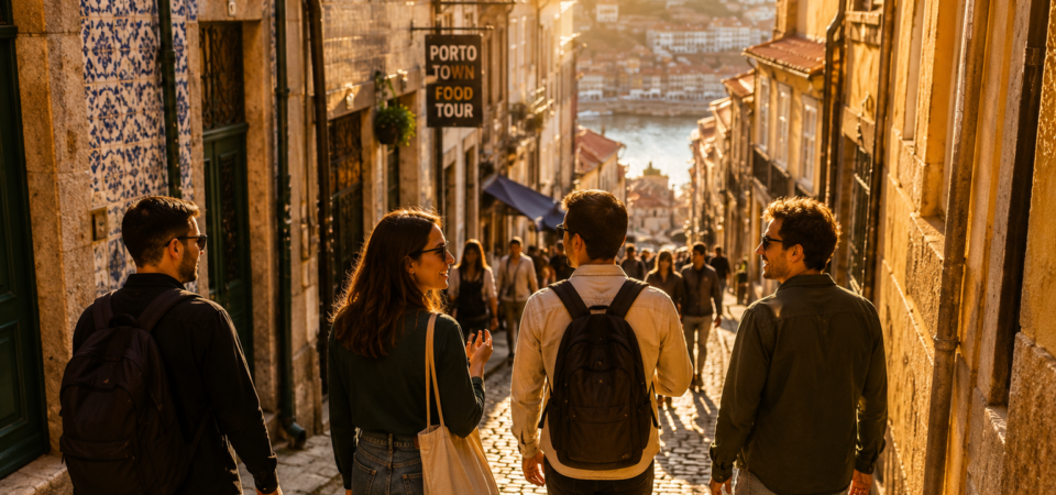 Quatro turistas descem uma rua estreita de calçada no Porto, ao pôr do sol, com o rio ao fundo