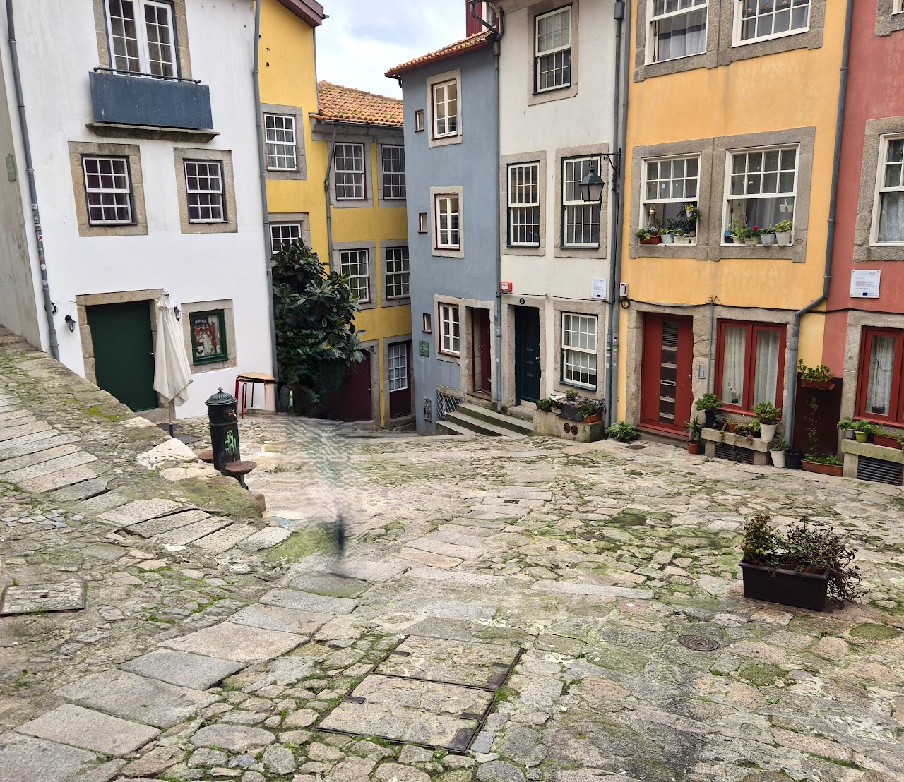 Rua estreita de calçada em pedra, ladeada por casas coloridas com janelas e vasos de plantas